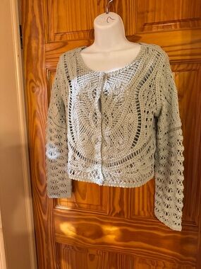Ultra Pink Sage Green Crochet Knit Button-Front Cardigan